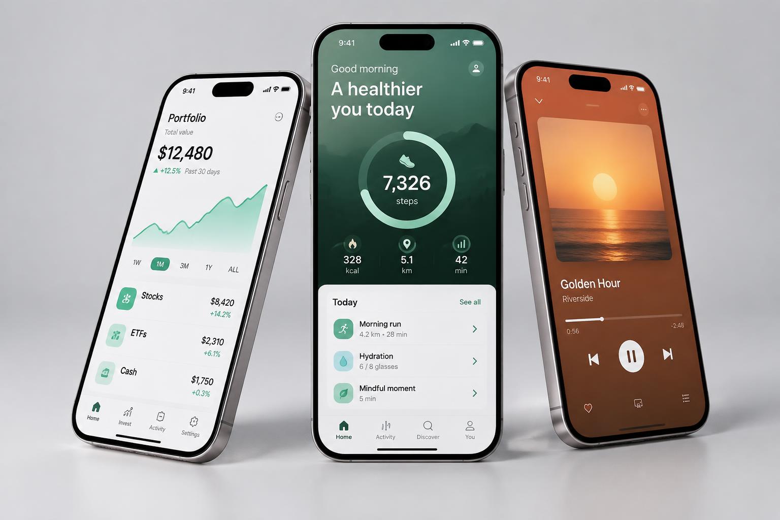 Native mobile app concepts for finance, fitness, and music on three smartphones